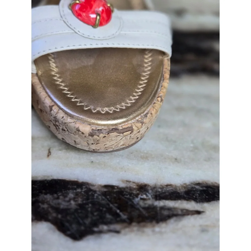 Antonio Melani Jisele White Leather Red Stone Cork Wedge Sandals 6M Brazil